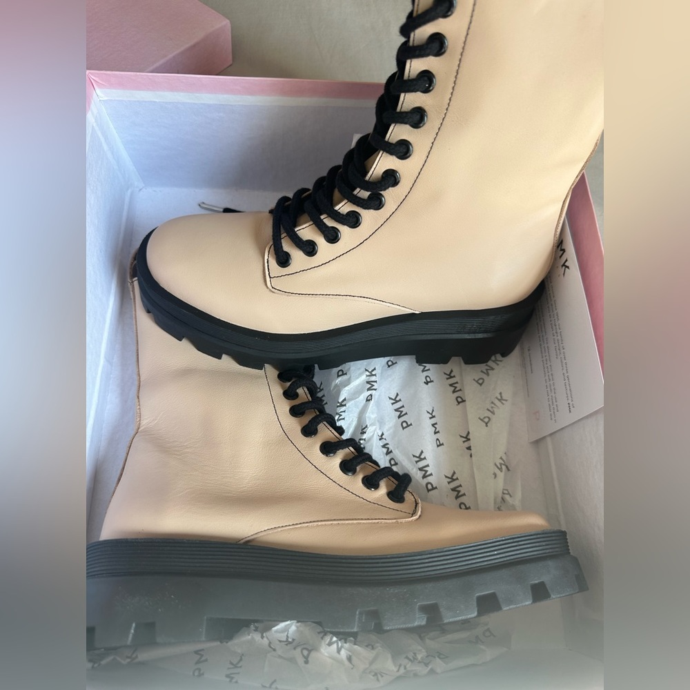 PMK Leather Cream and Black Combat Moto Boots with Chunky Platform Sole NEW